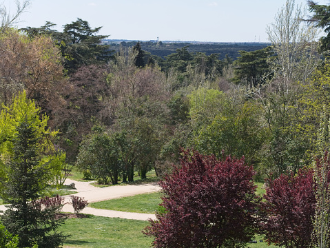 View of West Park or Parque del Oeste in Madrid, Spain. Casa de Campo is seen in the background.